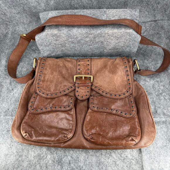Kate Landry Tan Brown Leather Shoulder Bag Purse Pockets Buckel Studs 289 - Picture 1 of 7